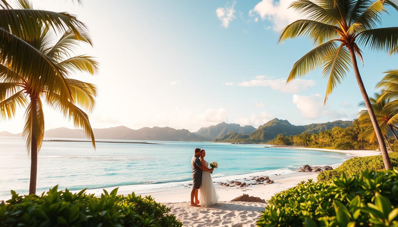 A breathtaking tropical paradise, the Caribbean islands shimmer under the warm sun. Crystal-clear turquoise waters lap against powdery white sand beaches, framed by swaying palm trees. In the foreground, a couple embraces, lost in their own romantic reverie, as they stand on a secluded cove. The middle ground reveals lush, verdant hills in the distance, their slopes blanketed in a tapestry of vibrant greens. The background is a picturesque skyline, painted in hues of orange and pink as the day fades into a serene, magical dusk. Soft, diffused lighting casts a gentle, ethereal glow, creating an atmosphere of intimacy and tranquility - the perfect setting for a honeymoon to remember.