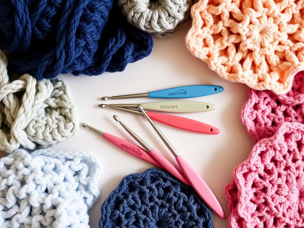 Various crochet projects created using Clover Amour Crochet Hooks