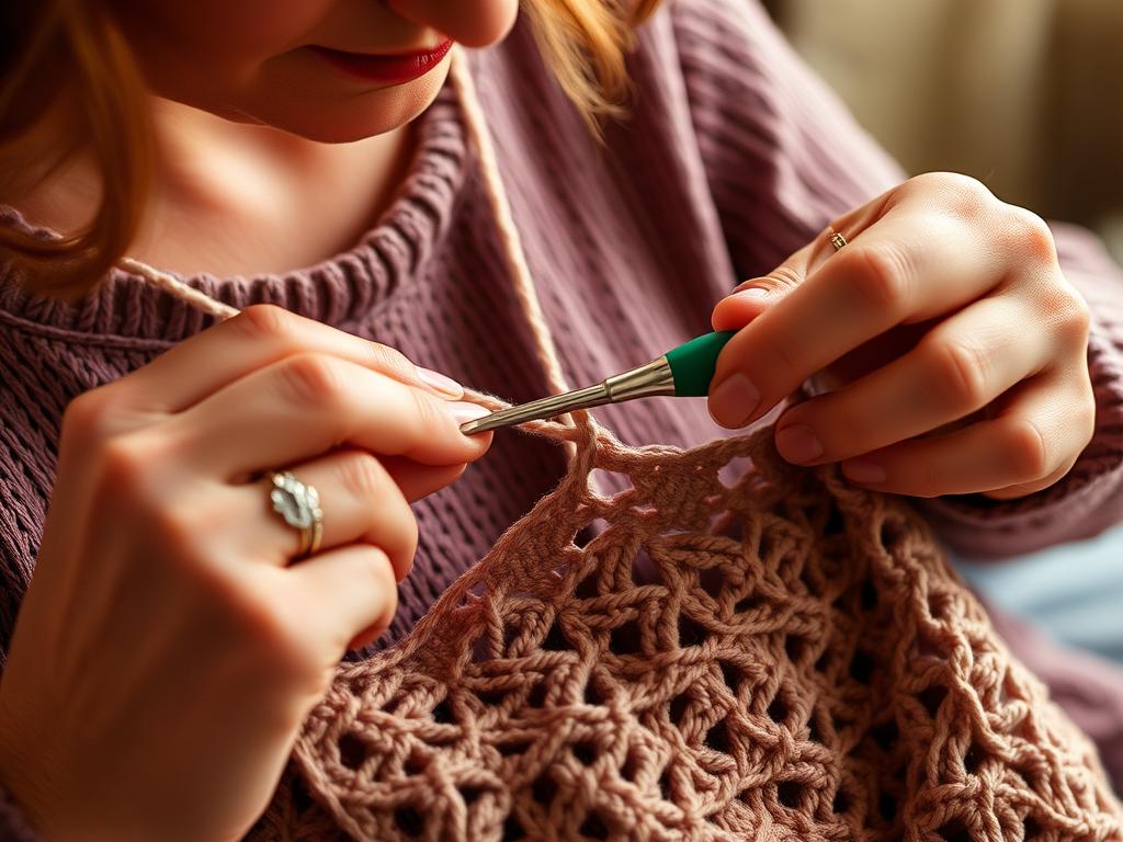 Advanced crocheter working on a complex project with Clover Amour Crochet Hook