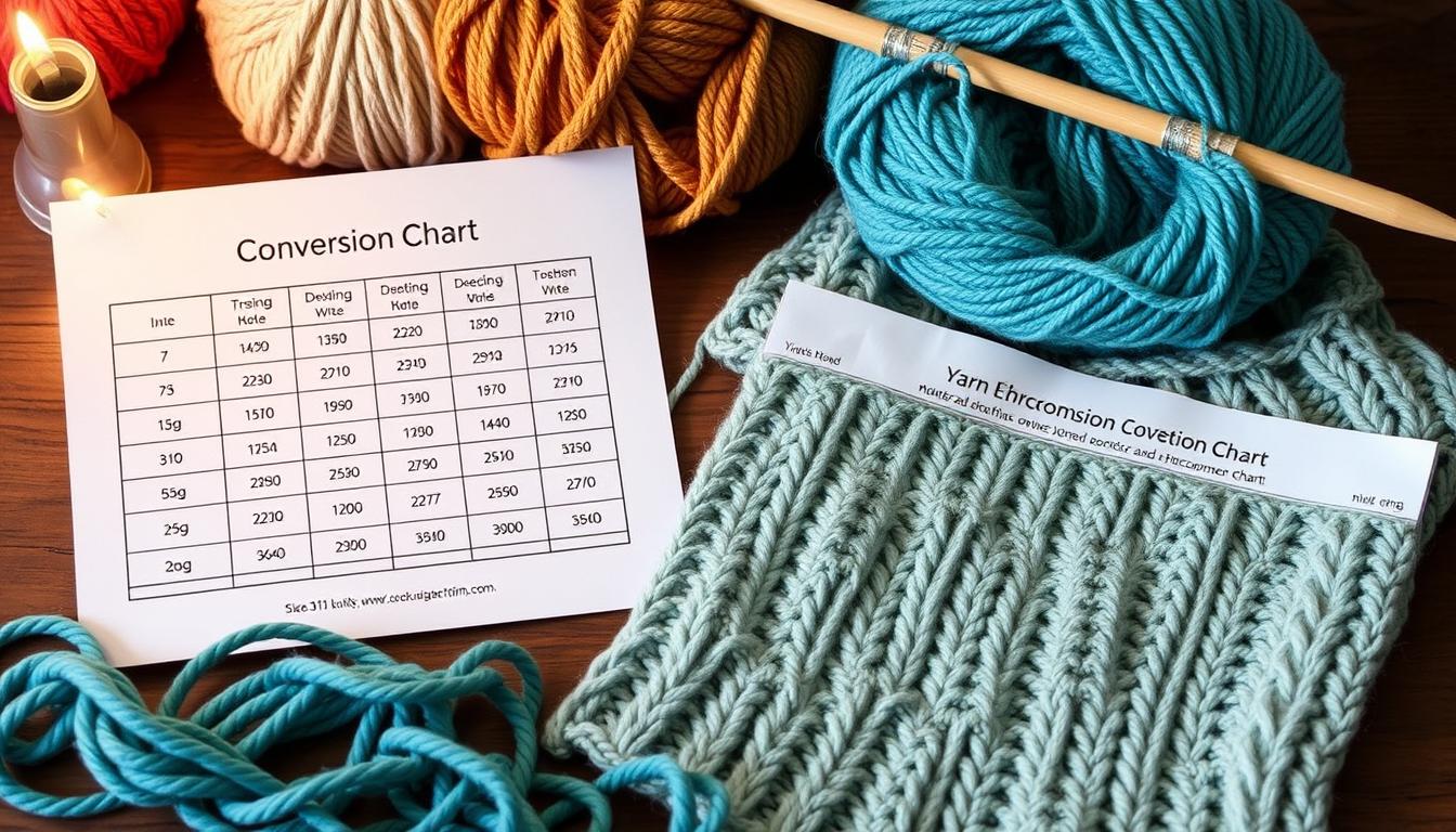 A completed knitting project with the yarn and conversion chart that helped create it