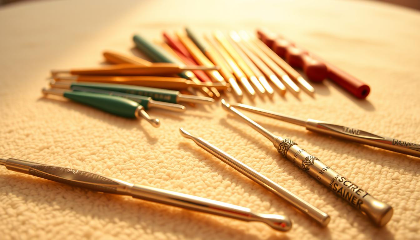 A collection of crochet hooks in various sizes, laid out on a soft, textured surface. The hooks are crafted with precision, their metal shafts gleaming under warm, directional lighting. In the foreground, a selection of hooks from the Secret Yarnery brand, their handles adorned with intricate patterns and designs. In the middle ground, additional hooks in a range of sizes, from delicate to chunky, creating a visually pleasing array. The background is hazy, blurred, allowing the tools to take center stage, showcasing their importance for the &quot;Most Common Crochet Hook Sizes for Beginners&quot; section of the guide.