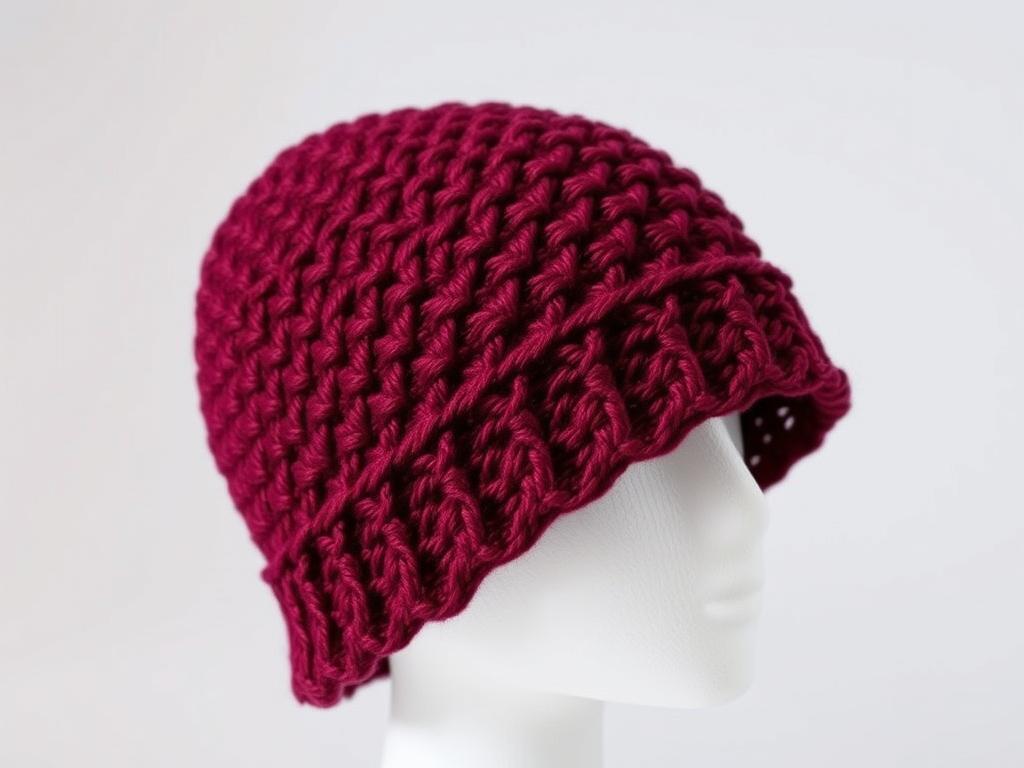 Crochet winter hat with textured stitch pattern in burgundy yarn