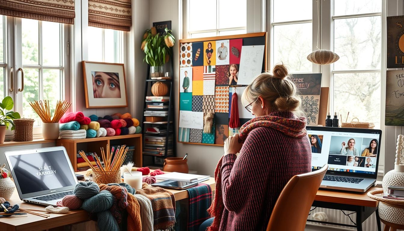 A cozy crafting studio with natural light streaming through large windows, showcasing an array of vibrant yarn skeins, intricate knitting needles, and a laptop displaying the Secret Yarnery website. In the foreground, a crafter diligently works on a colorful scarf, surrounded by a carefully curated selection of crafting supplies. The middle ground features a mood board with inspiring images, color swatches, and sketches, while the background subtly blends patterns and textures from the Secret Yarnery website, creating a harmonious and visually engaging scene.