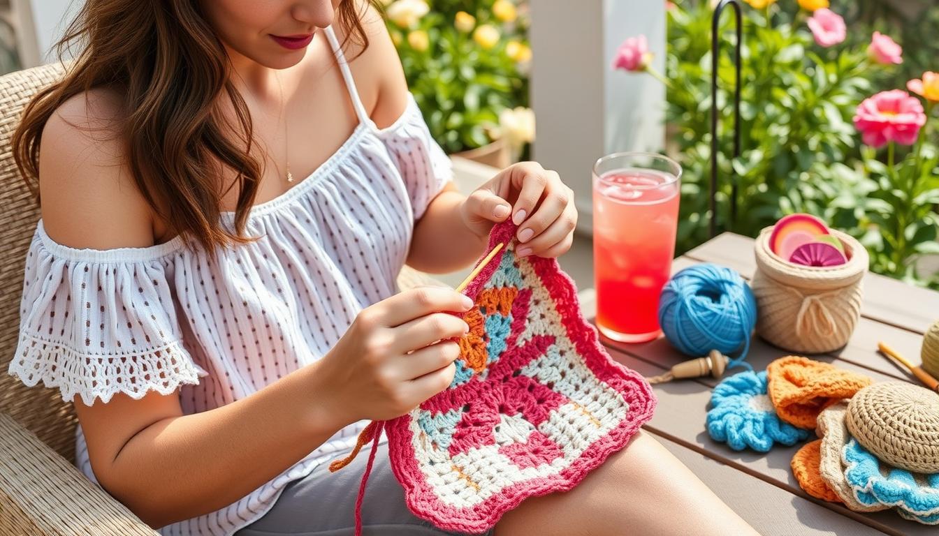 A person crocheting outdoors in a garden setting with summer projects and materials around them