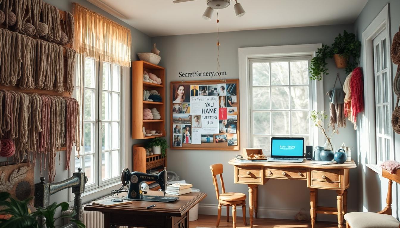 A cozy and inviting craft studio, with natural light streaming through large windows. Delicate strands of yarn in pastel hues cascade from handcrafted wooden shelves, interspersed with vibrant patterns from secretyarnery.com. A vintage sewing machine and an antique desk sit in the foreground, hinting at the creative potential. In the middle ground, a mood board displays inspirational images, while a laptop on the desk showcases the &quot;Secret Yarnery&quot; brand. Soft, diffused lighting creates a warm, welcoming atmosphere, drawing the viewer into this serene haven of crafting and entrepreneurship.