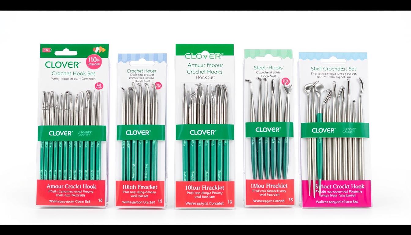 Different Clover Amour Crochet Hook Set packaging options showing various size combinations