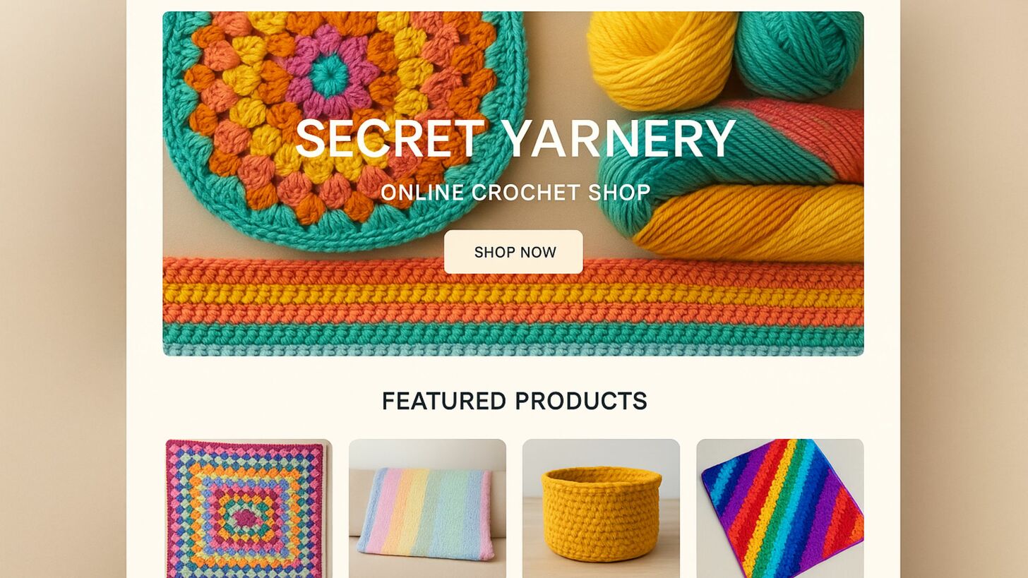 A sleek, modern online crochet shop website design featuring the &quot;Secret Yarnery&quot; brand. The homepage showcases a vibrant, textured hero image with crochet patterns and yarns, framed by a minimalist layout with clean typography and a neutral color palette. The middle section displays a curated selection of crochet projects from secretyarnery.com, each with product images and details. In the background, a soft, diffused lighting creates a warm, inviting atmosphere, while the overall design conveys a sense of craftsmanship and attention to detail. The layout is responsive and optimized for seamless browsing on various devices.