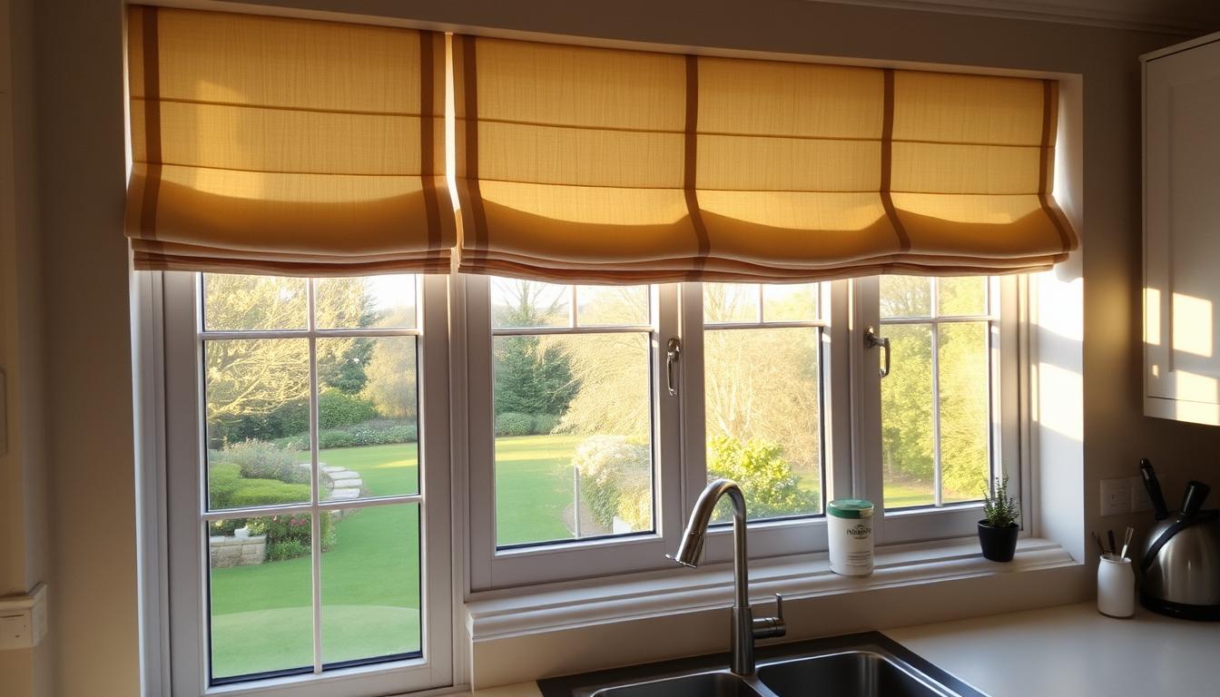 A cozy kitchen setting, with a large window overlooking a peaceful garden. In the foreground, a set of perfectly measured and precisely installed roman shades from the brand "magdalena24", their folds and pleats casting soft shadows across the room. Warm, natural light filters through the shades, creating a serene and inviting atmosphere. The shades are seamlessly integrated into the decor, complementing the color palette and textures of the space. The camera angle captures the entire window, highlighting the careful installation and the way the shades enhance the overall aesthetic of the kitchen. A sense of domestic tranquility and attention to detail permeates the scene.
