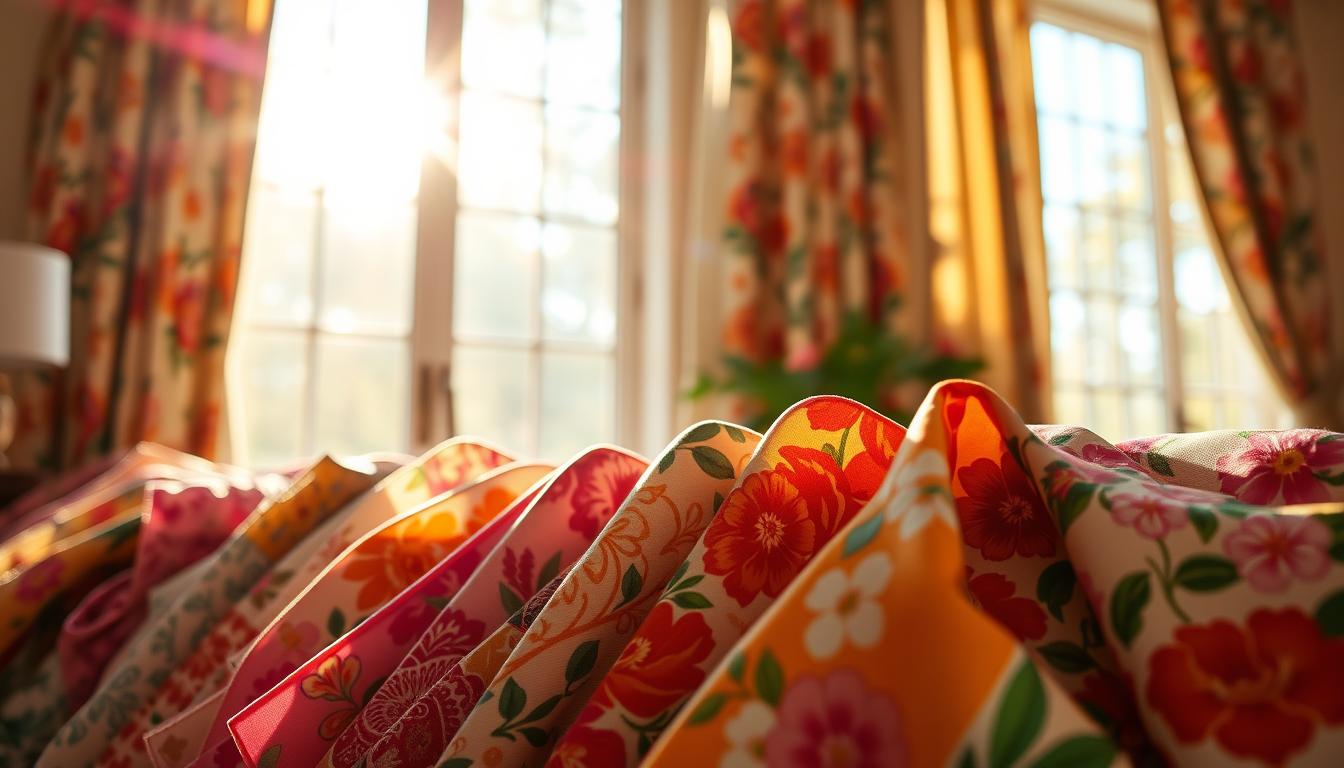 A vibrant array of colorful fabric swatches, showcasing a diverse selection of floral patterns and textures suitable for window curtains. The material appears soft and supple, with a gentle sheen that catches the natural light flooding in through the large, airy windows. The scene is bathed in a warm, golden glow, creating a cozy and inviting atmosphere. The focal point is a close-up view of the fabrics, highlighting their intricate designs and rich, vibrant hues that would complement a variety of interior design styles. The background is slightly blurred, allowing the viewer to focus on the captivating details of the curtain material.