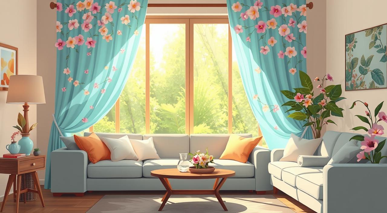 A cozy and welcoming living space adorned with vibrant floral curtains. Soft, delicate flowers in a variety of hues cascade gracefully across the fabric, creating a warm and inviting atmosphere. The curtains are expertly tailored, with clean lines and a luxurious texture that complements the room's decor. Beams of natural light filter through the petals, casting a gentle glow and highlighting the intricate patterns. The overall scene exudes a sense of tranquility and sophistication, perfectly suited for a living room, kitchen, or bedroom setting.