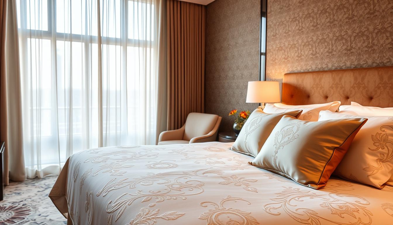 A luxurious hotel interior with elegant textiles. In the foreground, a plush, high-thread-count bed covers with intricate embroidered patterns, complemented by silk throw pillows in muted tones. The middle ground features sheer, billowing curtains that frame large windows, allowing natural light to filter in and create a warm, inviting ambiance. In the background, a richly textured wallpaper or upholstered headboard adds depth and visual interest. The lighting is soft and diffused, creating a cozy, welcoming atmosphere. The overall scene exudes a sense of sophistication and attention to detail that is characteristic of high-end hotel accommodations.