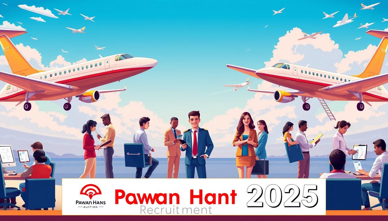 Pawan Hans Recruitment 2025: A detailed illustration depicting the hiring process for coveted aviation positions. Set against a backdrop of sleek aircraft and a vibrant blue sky, a group of aspirants engage in various stages of the application, from submitting resumes to participating in interviews. The foreground showcases the Pawan Hans logo and branding, while the middle ground features a team of HR professionals overseeing the proceedings. The lighting is warm and inviting, conveying a sense of professionalism and opportunity. The overall mood is one of anticipation and excitement, reflecting the high-stakes nature of this prestigious recruitment drive.