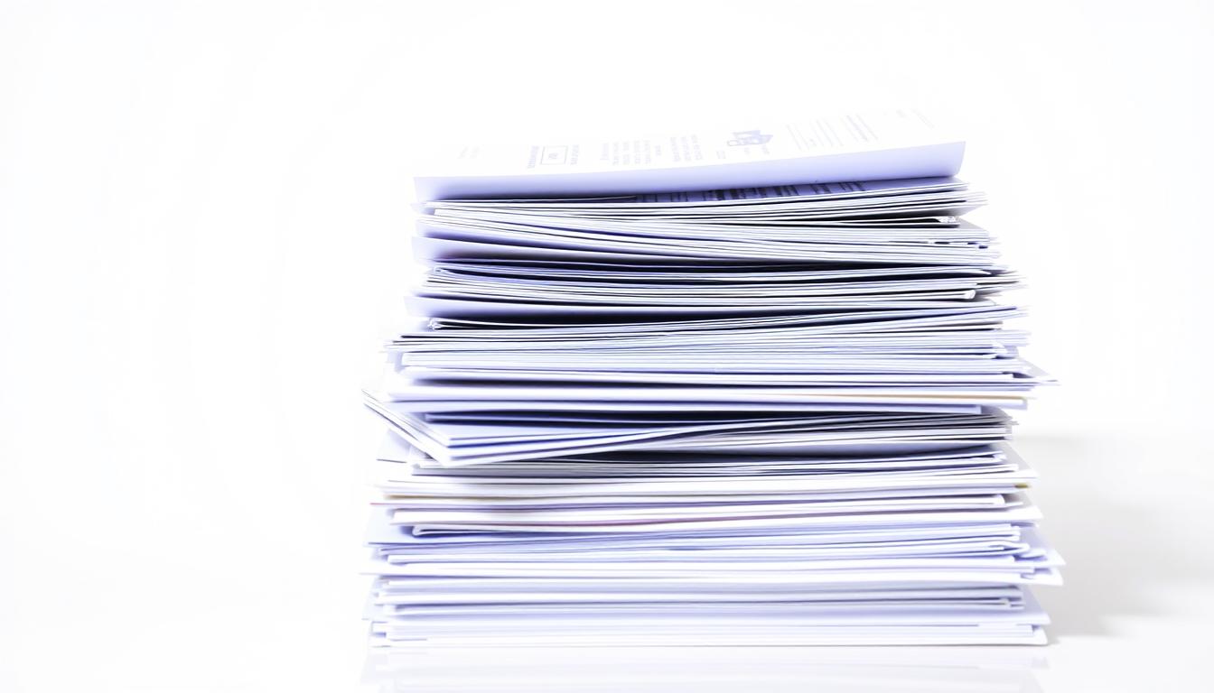 A neatly organized stack of official Pawan Hans recruitment documents against a clean, white background. The documents are crisp and well-lit, with a slight depth-of-field blur, creating a sense of focus. The documents include application forms, identity proofs, educational certificates, and other relevant paperwork, conveying a professional, administrative atmosphere. The overall composition is balanced and visually appealing, showcasing the required documents in a clear, informative manner.