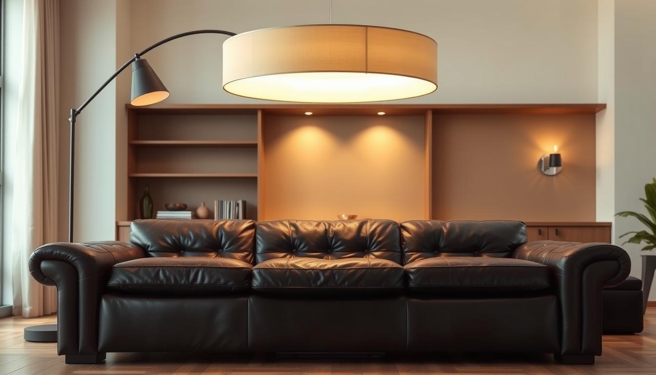 Uma sala de estar aconchegante com um sofá de couro marrom escuro como ponto focal. A iluminação suave e acolhedora de um grande candeeiro de pé e arandelas projeta um brilho suave, destacando a textura rica do couro. O fundo apresenta paredes em tons neutros e prateleiras de madeira, criando uma atmosfera harmoniosa e convidativa. A composição enfatiza a interação entre luz e sombra, atraindo o olhar do observador para o sofá como peça central do espaço. Um ambiente elegante, mas confortável, que complementa perfeitamente um sofá marrom escuro.