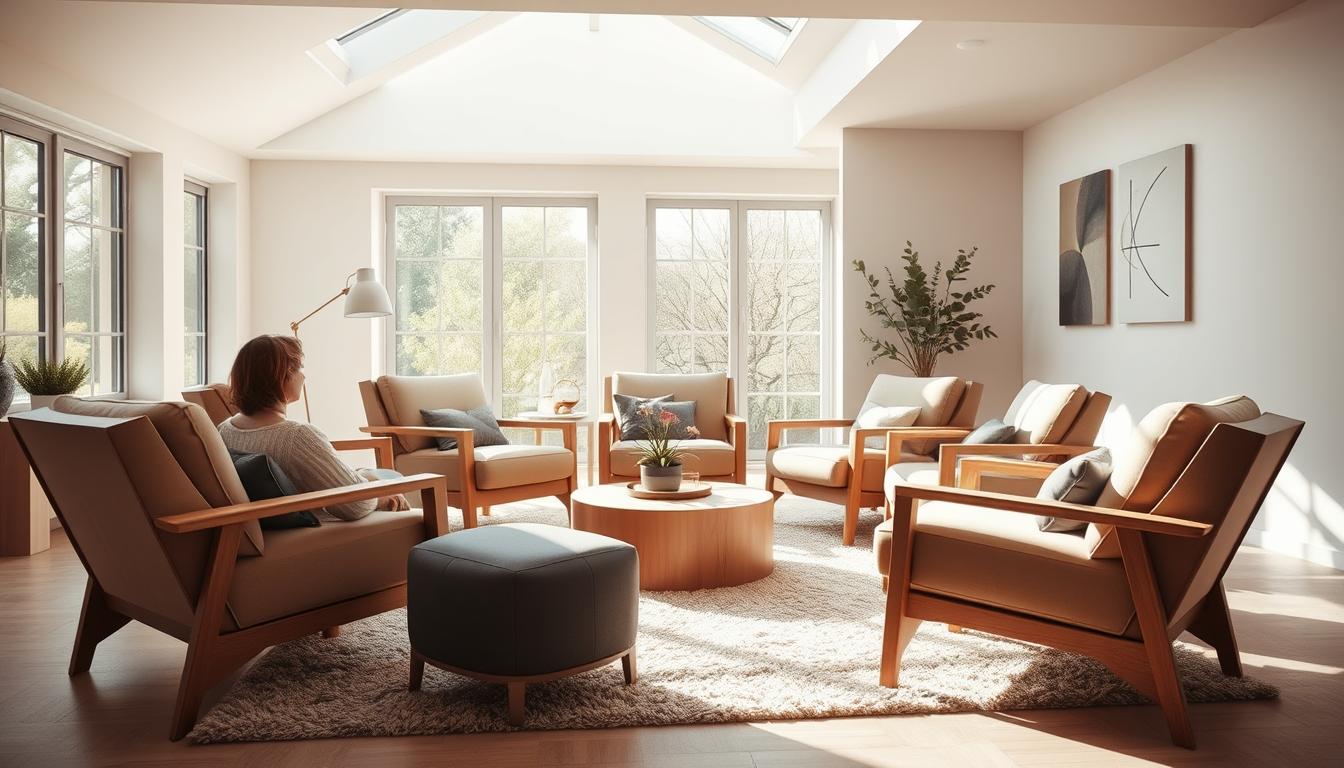 Uma sala de estar aconchegante e convidativa, com um conjunto de poltronas modernas e confortáveis dispostas em círculo, incentivando a conversa e a interação social. As poltronas têm um design elegante e minimalista, com linhas simples e uma paleta de cores neutras, como bege, cinza ou tons claros de madeira, para criar uma atmosfera acolhedora e convidativa. A sala é banhada por uma iluminação suave e natural, com grandes janelas ou claraboias que permitem a entrada da luz do sol, criando um brilho suave. O piso é coberto por um tapete luxuoso em tons neutros e as paredes são decoradas com obras de arte simples e abstratas ou decoração de parede que complementam a estética geral. O cenário geral evoca uma sensação de conforto, relaxamento e a alegria de momentos compartilhados com amigos e familiares.