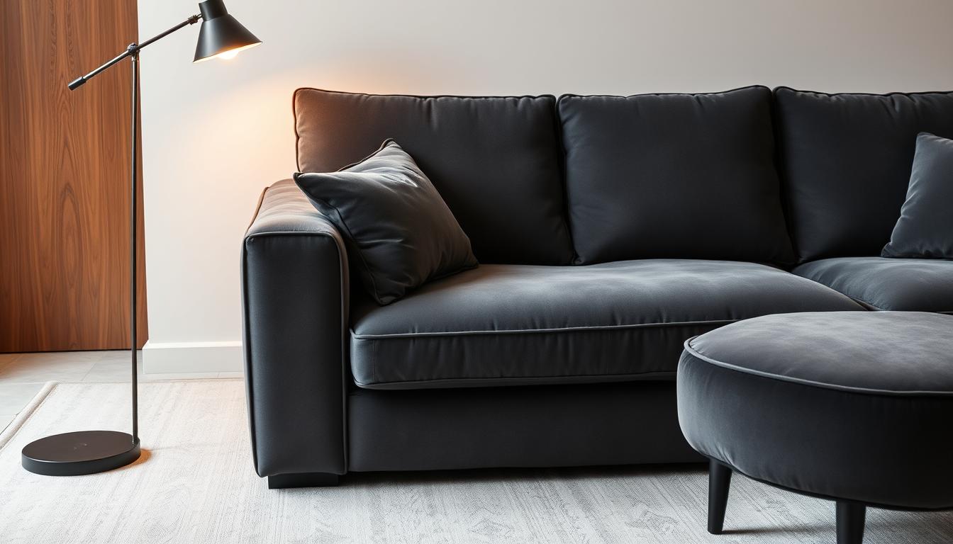 Uma sala de estar aconchegante com um sofá luxuoso e espaçoso e uma poltrona convidativa em um tom harmonioso de cinza carvão profundo. Os móveis são estofados com um tecido luxuoso e aveludado que cria um ambiente acolhedor e sofisticado. A iluminação suave de um abajur de pé projeta um brilho suave, acentuando as texturas ricas e criando uma atmosfera acolhedora e íntima. O cenário tem como pano de fundo um fundo neutro e minimalista, permitindo que os móveis coordenados sejam o centro das atenções e mostrem sua integração perfeita.