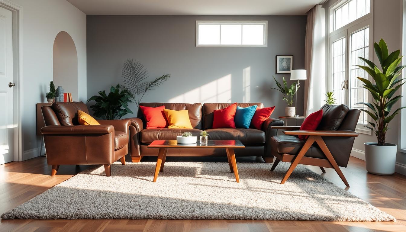 Uma sala de estar aconchegante com um sofá de couro marrom escuro como ponto focal. Almofadas coloridas em tons vibrantes de vermelho, azul e amarelo adicionam um toque de calor e personalidade. Um tapete felpudo em tons suaves dá equilíbrio ao espaço, enquanto um par de poltronas modernas de meados do século ladeiam o sofá, criando uma área de conversação convidativa. A iluminação suave e direcional projeta um brilho suave, acentuando as texturas e tons ricos. Janelas grandes permitem que a luz natural entre, combinando perfeitamente com a iluminação artificial. Plantas em vasos e uma decoração sutil nas paredes completam a estética harmoniosa e bem cuidada.