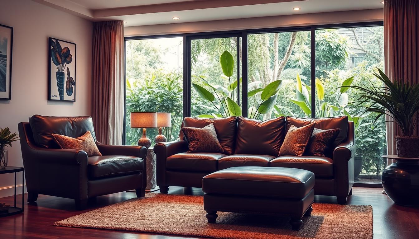 Uma sala de estar aconchegante e bem decorada, com um sofá de couro marrom luxuoso e uma poltrona combinando posicionada em primeiro plano. A sala possui iluminação aconchegante, criando uma atmosfera convidativa e relaxante. As paredes são decoradas com obras de arte modernas, e uma grande janela ao fundo oferece uma vista para um jardim exuberante e verdejante. O cenário geral transmite uma sensação de design de interiores sofisticado, mas confortável, que agradaria ao público brasileiro.