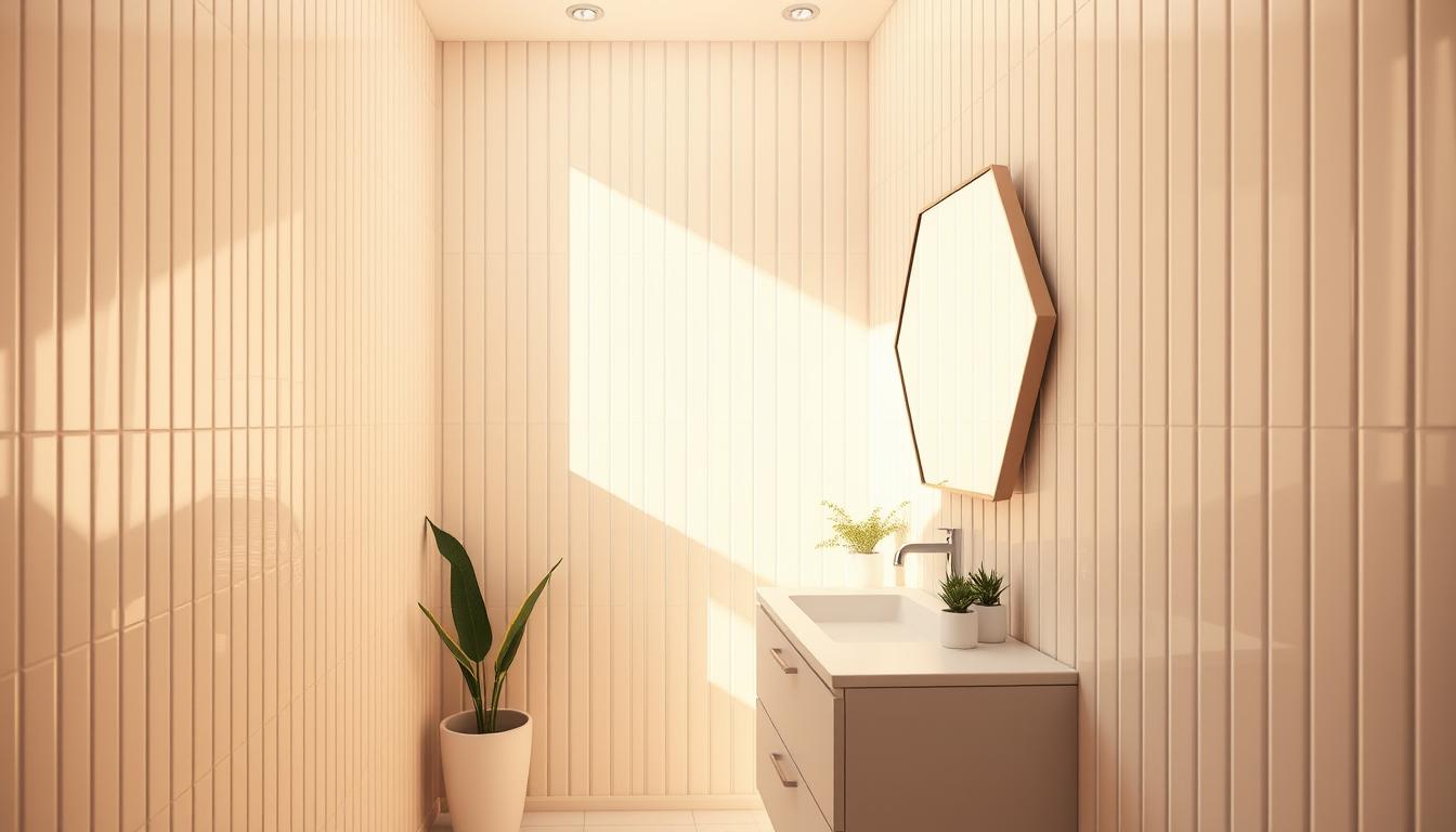A small bathroom with a striped tile pattern covering the walls, creating an illusion of depth and spaciousness. Warm, natural lighting floods the space, illuminating the clean, minimalist design. The tiles, arranged in a vertical pattern, draw the eye upward, making the room appear taller. A sleek vanity with a simple, geometric mirror reflects the light, further enhancing the sense of openness. Potted plants and a few carefully chosen decorative accents add a touch of greenery and warmth, creating a serene and inviting atmosphere.