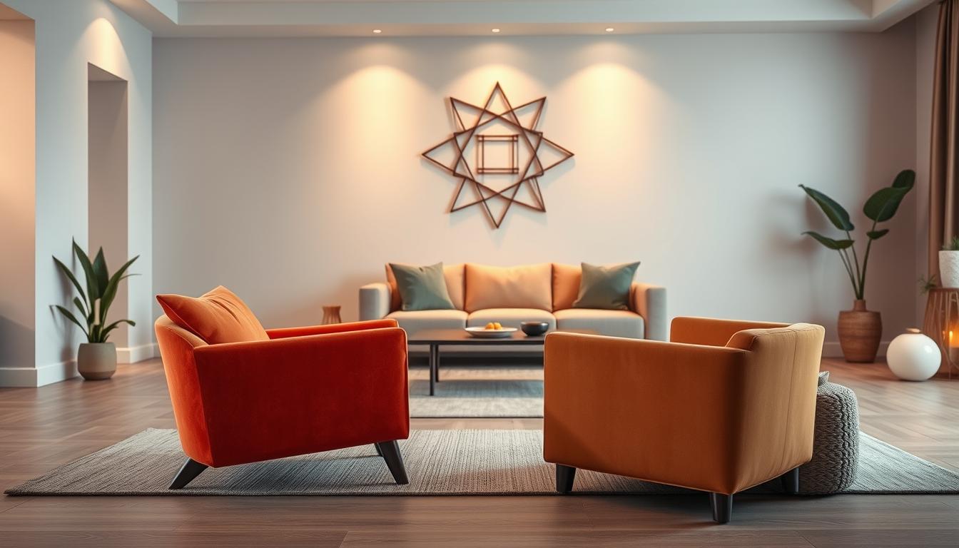 Uma sala de estar espaçosa com um contraste marcante de formas e cores. Em primeiro plano, uma poltrona moderna e luxuosa de meados do século, em um tom ousado e vibrante, destaca-se contra um fundo neutro. Seu design elegante e angular cria um interesse visual dinâmico. No meio, um sofá complementar em um tom suave e discreto proporciona um equilíbrio harmonioso. Uma iluminação difusa e acolhedora ilumina o espaço, criando uma atmosfera aconchegante e convidativa. O fundo apresenta uma decoração de parede minimalista e geométrica que adiciona profundidade e textura à cena. A composição geral evoca uma sensação de sofisticação elegante, perfeita para um espaço moderno e vibrante.