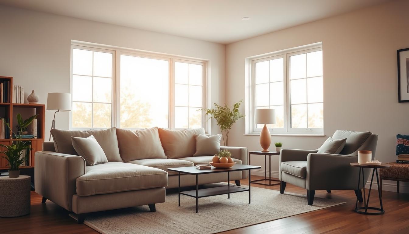 Uma sala de estar aconchegante com um sofá e uma poltrona luxuosos, posicionados cuidadosamente para maximizar o espaço disponível. O sofá, com um design moderno de meados do século em tons neutros, ocupa o centro do palco, com suas dimensões cuidadosamente medidas para se adequar ao layout da sala. Uma poltrona elegante em uma cor complementar fica ao lado, criando um arranjo harmonioso de assentos. A luz natural e acolhedora entra pelas grandes janelas, projetando um brilho suave e destacando as texturas ricas dos móveis. A atmosfera geral é de relaxamento e conforto, convidando o observador a imaginar-se neste espaço perfeitamente proporcionado.