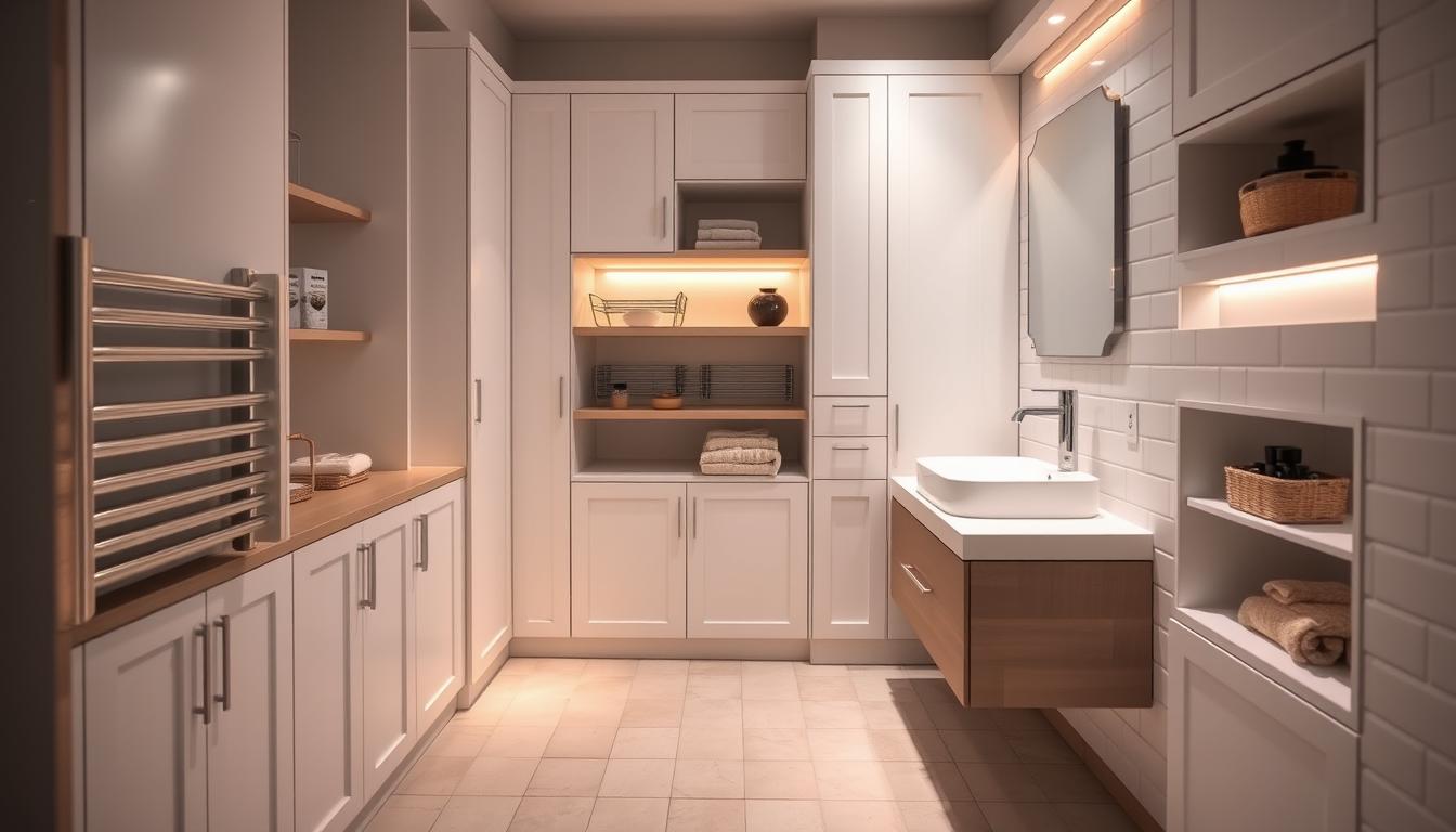 A cozy and functional small bathroom with custom-built furniture. The space features sleek, modern cabinets and shelves that maximize storage and minimize clutter. Soft, warm lighting casts a gentle glow, creating a serene and relaxing atmosphere. The tile flooring and subway tile walls add a classic, timeless touch. A floating vanity with a minimalist sink basin provides ample counter space. An integrated towel rack and recessed niches offer convenient storage solutions. The overall design prioritizes efficient use of space, allowing the compact room to feel open and inviting.