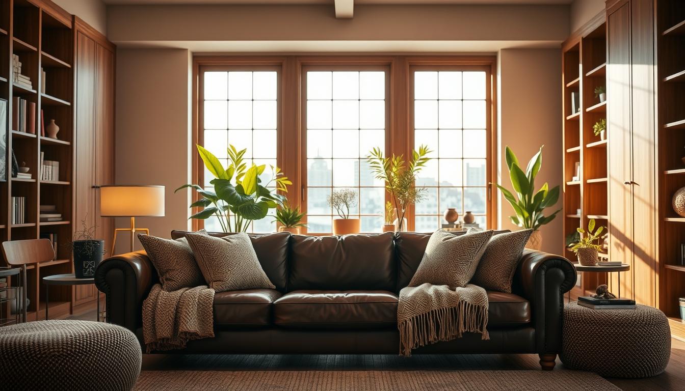 Uma sala de estar aconchegante com um sofá de couro marrom escuro como ponto focal. O sofá está posicionado no meio do quadro, banhado por uma iluminação quente e suave que projeta um brilho suave. Almofadas macias e texturizadas e um cobertor de malha contribuem para o ambiente convidativo. Ao fundo, estantes de madeira revestem as paredes, complementando os tons terrosos. Janelas grandes permitem que a luz natural entre, iluminando o espaço e criando uma sensação de abertura. Vasos de plantas e alguns elementos decorativos cuidadosamente selecionados adicionam toques de verde e interesse visual. O clima geral é de conforto sofisticado e relaxamento.