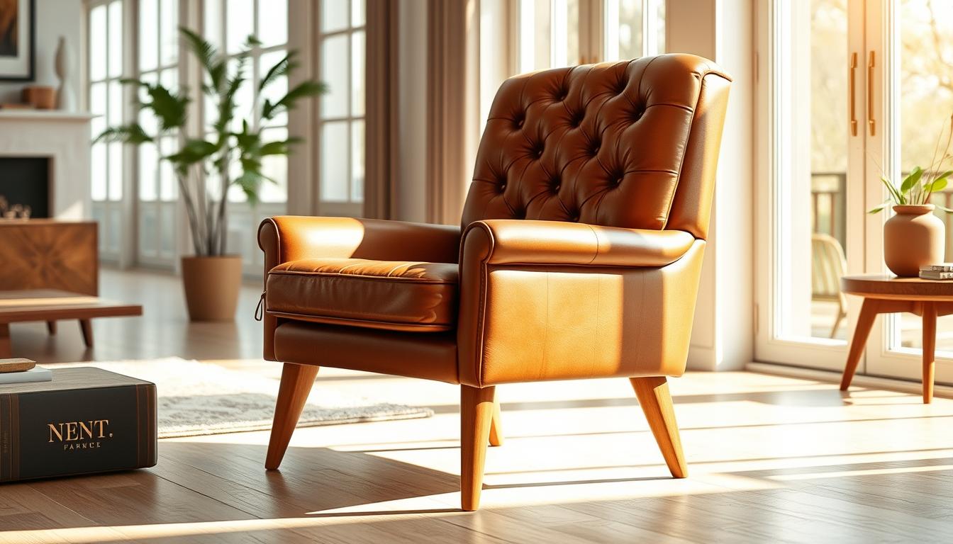 Uma poltrona de alta qualidade e intemporal, com um design clássico e moderno de meados do século. A cadeira apresenta um estofamento de couro macio com botões em uma rica cor conhaque, complementado por pernas de madeira elegantes e afiladas com um acabamento natural e aconchegante. A cadeira está posicionada em uma sala de estar bem iluminada e arejada, com luz natural entrando pelas grandes janelas, criando um brilho dourado e aconchegante. A poltrona é o ponto focal do espaço, convidando ao relaxamento e à sofisticação atemporal. A atmosfera geral é de elegância, conforto e estilo duradouro.