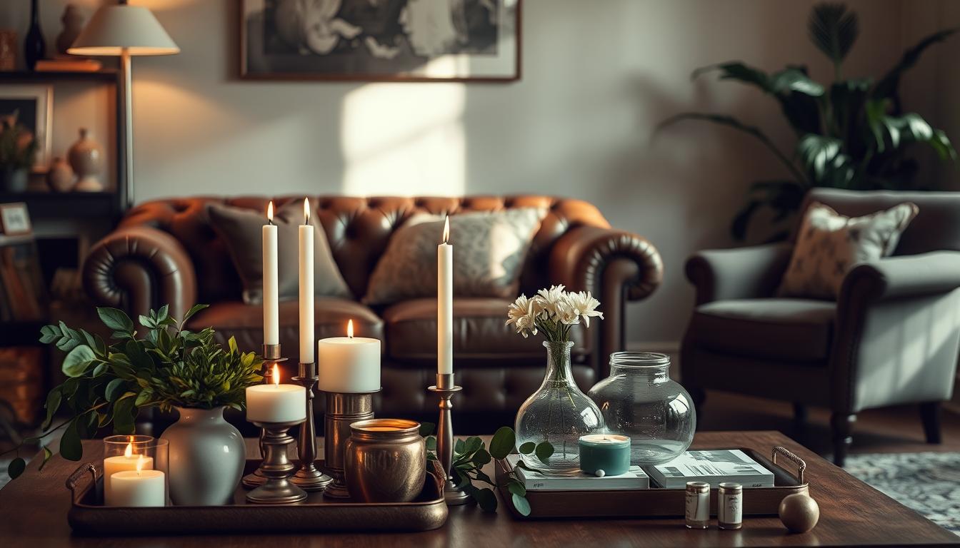 Uma sala de estar aconchegante e bem decorada, com um luxuoso sofá de couro acolchoado e uma poltrona macia. Em primeiro plano, uma variedade de acessórios complementares dispostos artisticamente, incluindo velas, vasos, bandejas decorativas e plantas exuberantes. A iluminação é quente e convidativa, lançando um brilho suave sobre o ambiente. A atmosfera geral é de elegância refinada e sofisticação discreta, capturando perfeitamente a essência da seção “O toque final com acessórios complementares” do artigo.