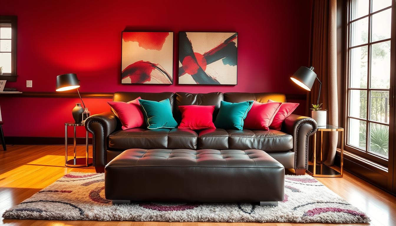 Sala de estar vibrante, com tons de joias, tendo como peça central um sofá de couro marrom escuro e macio. A iluminação suave e acolhedora de um par de candeeiros de pé elegantes cria um brilho aconchegante, complementando os tons ricos da sala. Almofadas vibrantes em tons de esmeralda, safira e rubi adicionam toques de cor, criando um contraste harmonioso com o sofá escuro. O piso de madeira é coberto por um tapete macio e texturizado com um padrão abstrato, unindo todo o ambiente. Janelas grandes permitem a entrada de luz natural, iluminando o espaço e acentuando a paleta de cores dinâmica. A atmosfera geral é de conforto luxuoso e estilo sofisticado.
