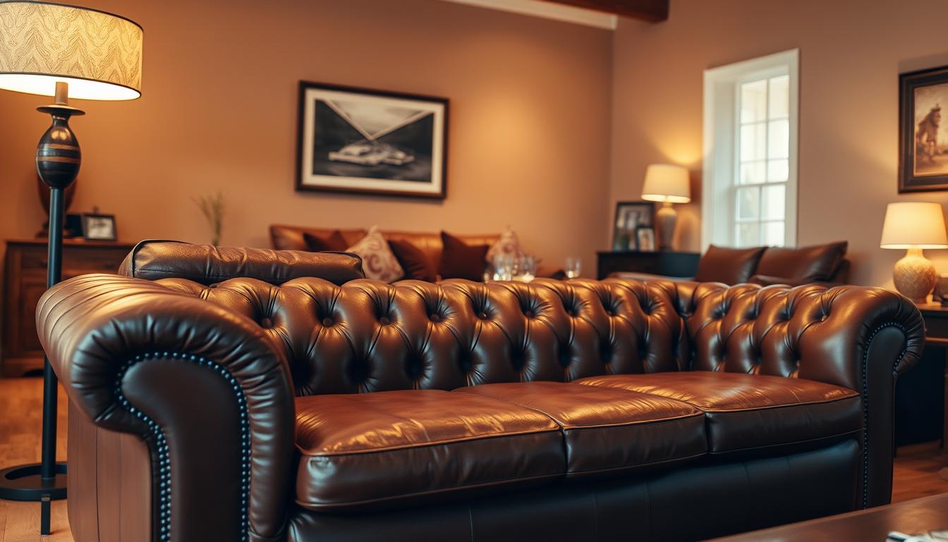 Uma sala de estar aconchegante e convidativa com uma poltrona de couro luxuosa e macia em um tom marrom rico e quente. A poltrona está posicionada em primeiro plano, com seu estofamento profundo e silhueta elegante e curva criando um ponto focal. No meio, um sofá combinando no mesmo estilo e cor complementa a poltrona, sugerindo um design harmonioso e coeso. A sala é banhada por uma iluminação quente e suave, criando uma atmosfera acolhedora e relaxante. As paredes são pintadas em um tom neutro e terroso, permitindo que os móveis sejam o centro das atenções. Detalhes em madeira, como uma mesa lateral ou uma mesa de centro, adicionam um toque de elegância natural ao espaço.