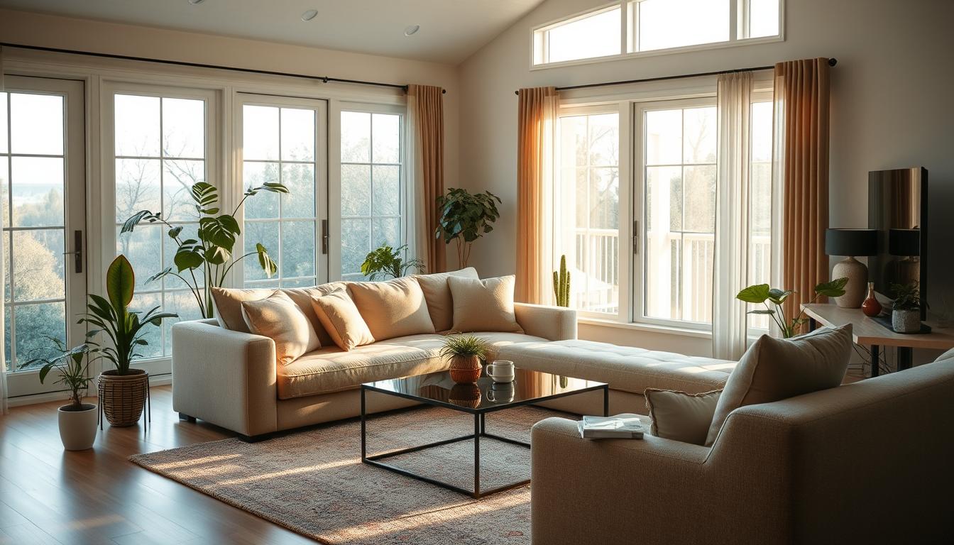 Uma sala de estar aconchegante e convidativa, com um sofá macio e confortável como ponto focal. A sala é preenchida com uma iluminação natural e acolhedora que entra pelas grandes janelas, criando um ambiente calmo e relaxante. Elementos decorativos de bom gosto, como uma mesa de centro elegante e moderna e algumas plantas bem posicionadas, contribuem para a estética geral. A sala tem um design equilibrado e harmonioso, combinando estilo e funcionalidade de forma perfeita. O objetivo é criar um espaço convidativo onde se possa descontrair e desfrutar de momentos de qualidade, seja assistindo a um filme ou simplesmente relaxando.