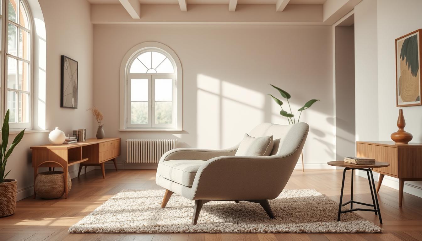 Uma sala de estar aconchegante e convidativa, com uma poltrona elegante como ponto focal. A poltrona está situada em um espaço bem iluminado, inspirado no estilo moderno de meados do século, com uma paleta de cores quentes e terrosas e linhas limpas e minimalistas. A poltrona é estofada com um tecido macio e neutro, e sua silhueta elegante e curva adiciona um toque de elegância à sala. Ao fundo, uma grande janela permite que a luz natural inunde o espaço, criando uma atmosfera serena e tranquila. A sala é finalizada com alguns elementos decorativos cuidadosamente selecionados, como uma pequena mesa lateral e um tapete macio e texturizado, que ajudam a criar um design coeso e visualmente atraente.