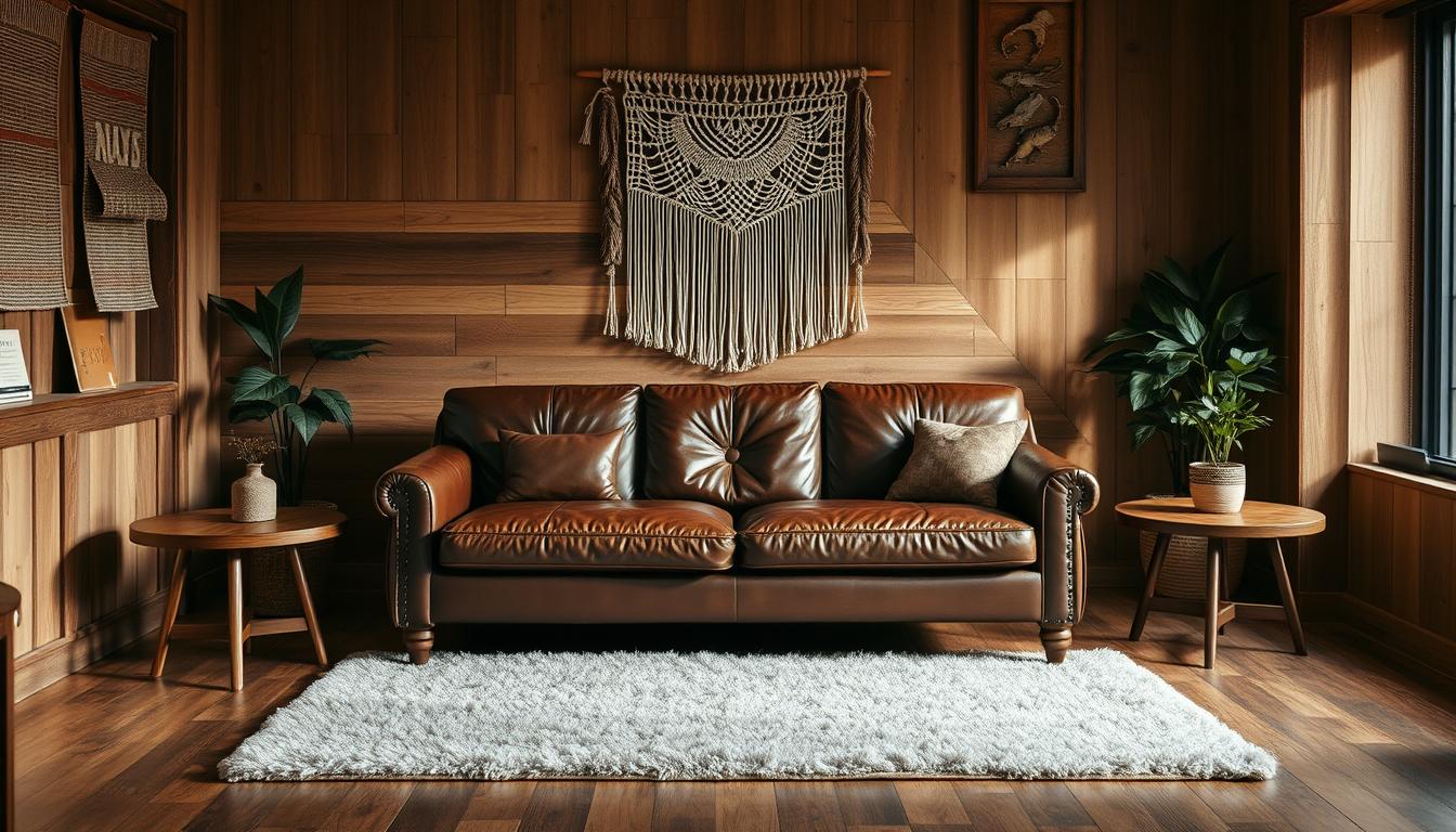 Uma sala de estar aconchegante e convidativa, com um sofá de couro marrom escuro como ponto focal. A sala tem uma paleta de cores quentes e terrosas, com tons ricos de madeira e detalhes em tons terrosos suaves. As paredes são decoradas com texturas naturais, como tapeçarias tecidas ou macramês, complementando o ambiente rústico, mas sofisticado. A iluminação suave cria um brilho suave, criando uma atmosfera acolhedora e relaxante. O sofá é ladeado por mesas laterais modernas de meados do século, cada uma com um vaso de planta ou vaso decorativo. Um tapete felpudo ancora o espaço, unindo os vários elementos. O cenário geral evoca uma sensação de conforto e requinte, perfeito para uma seção sobre “Paredes e Revestimentos para Salas com Sofá Marrom”.