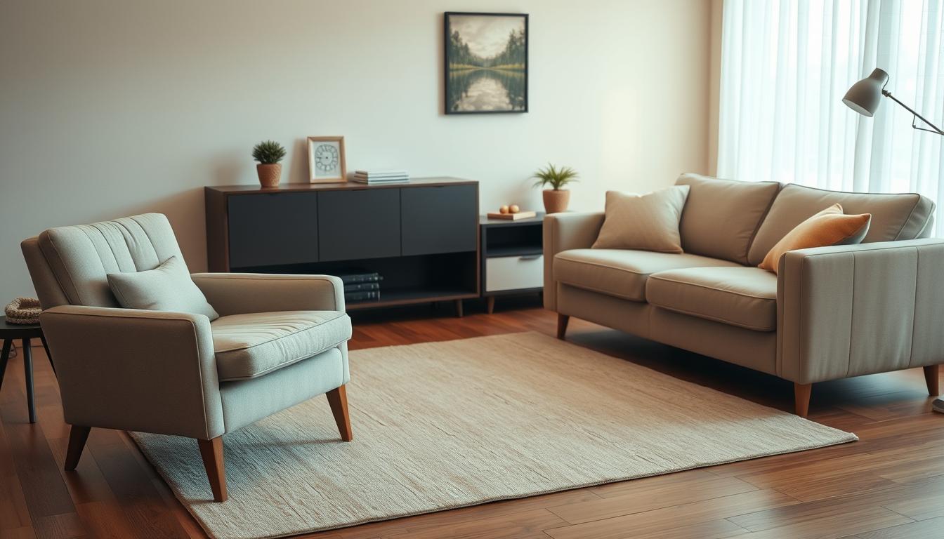 Uma sala de estar aconchegante com uma poltrona moderna e luxuosa de meados do século e um sofá elegante e contemporâneo. Os móveis compartilham um elemento de design comum, como linhas simples, uma paleta de cores neutras ou uma estética minimalista. A iluminação suave e acolhedora cria um brilho convidativo, criando uma atmosfera harmoniosa e relaxante. A sala está decorada com bom gosto, com algumas peças de destaque bem posicionadas, permitindo que os móveis sejam o ponto focal. A composição geral é equilibrada, destacando a natureza complementar da poltrona e do sofá.