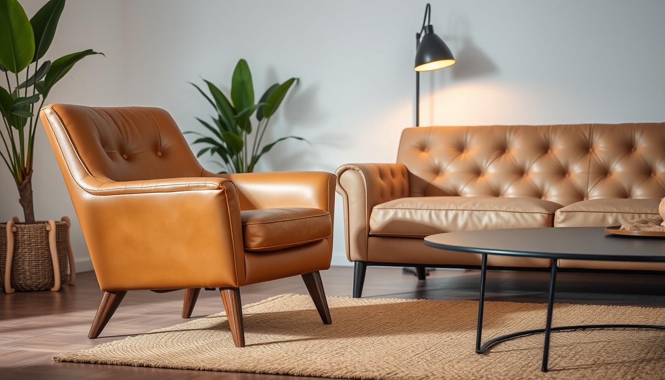 Uma sala de estar aconchegante e sofisticada com uma poltrona moderna e luxuosa de meados do século, posicionada elegantemente ao lado de um sofá estofado combinando. A poltrona apresenta um estofamento em couro de cor caramelo quente e pernas elegantes e afiladas, criando uma atmosfera refinada e convidativa. A iluminação suave e indireta projeta um brilho suave, destacando a paleta de cores neutras e as texturas naturais da sala, como o tapete tecido e os vasos de plantas ao fundo. O arranjo mostra a combinação harmoniosa da poltrona e do sofá, cujos designs e materiais complementares elevam o espaço geral da sala de estar.