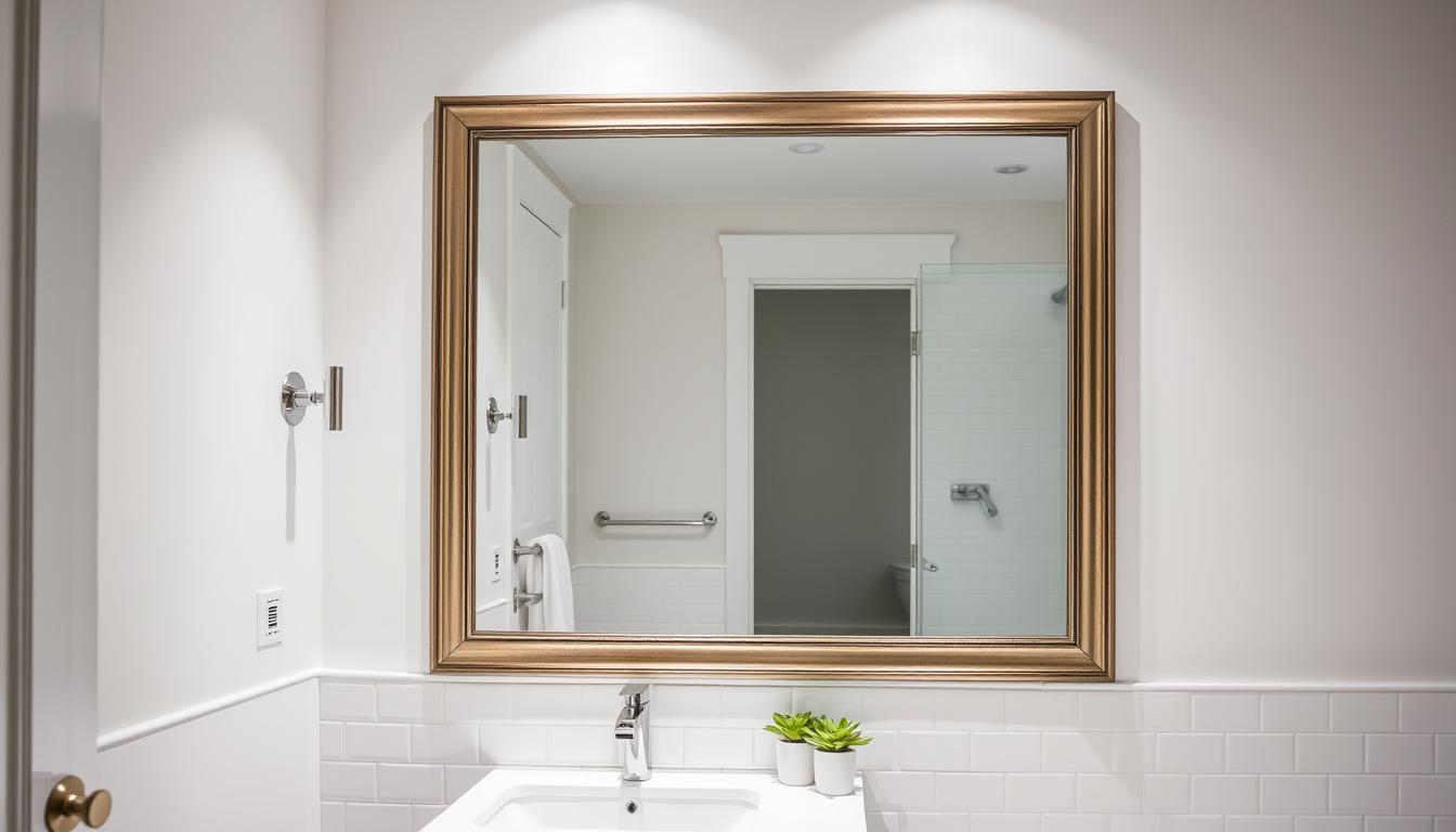A well-lit bathroom with a large, ornate mirror taking up most of the wall. The mirror reflects the clean, minimalist design of the space, with white tiles and a sleek, modern vanity. Subtle sconce lighting illuminates the mirror, creating a warm, inviting atmosphere. The mirror's frame is a simple, brushed metal design that complements the overall aesthetic. The bathroom is spacious, with enough room for a small plant or other decorative element to add a touch of natural charm. The image conveys a sense of balance and sophistication, showcasing how mirrors can be used to visually expand a compact bathroom.