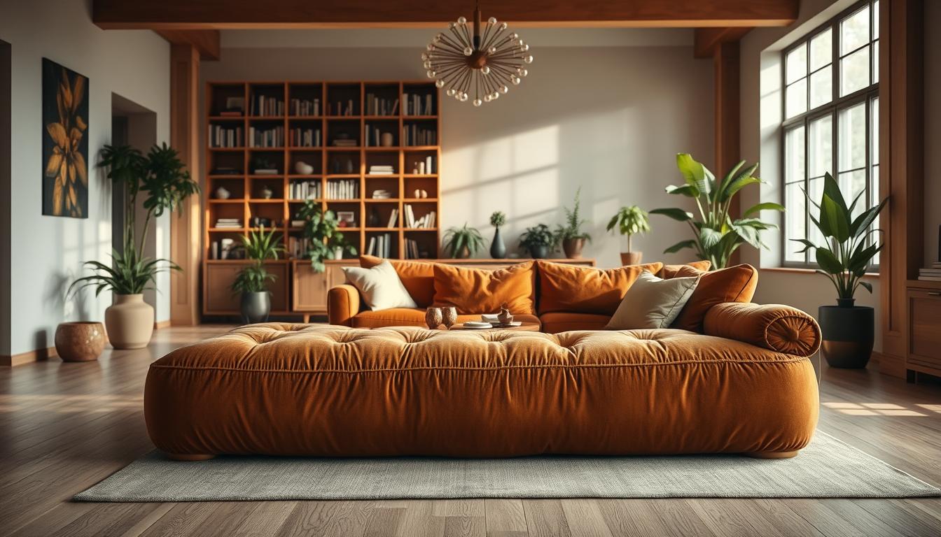 Uma sala de estar espaçosa e aconchegante com uma poltrona sala luxuosa e superdimensionada em primeiro plano. A poltrona é estofada em um tom rico e terroso que complementa a iluminação quente e natural que se filtra pelas grandes janelas. O meio do ambiente apresenta um sofá bem equipado, convidando os hóspedes a se acomodarem e relaxarem. Estantes de livros e vasos de plantas adornam o fundo, criando uma sensação de serenidade e sofisticação. A cena geral evoca uma atmosfera confortável e elegante, perfeita para um momento tranquilo de descanso.