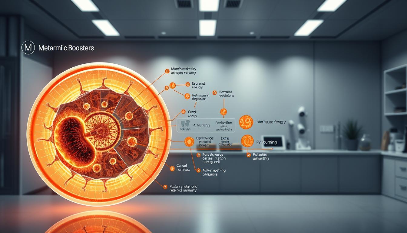 A detailed cross-section diagram of the MITOLYN metabolic booster's key mechanisms. In the foreground, a magnified view of a mitochondrion, the powerhouse of the cell, with its intricate inner workings glowing with a warm, optimized energy. In the middle ground, an array of enzymes, hormones, and signaling pathways, all working in harmony to boost metabolic rate and fat-burning. In the background, a sleek, minimalist laboratory setting, with scientific equipment and clean lines conveying a sense of advanced, cutting-edge research and development. Cinematic lighting casts dramatic shadows, heightening the technical and clinical atmosphere. The overall mood is one of sophisticated, scientifically-driven metabolic enhancement.