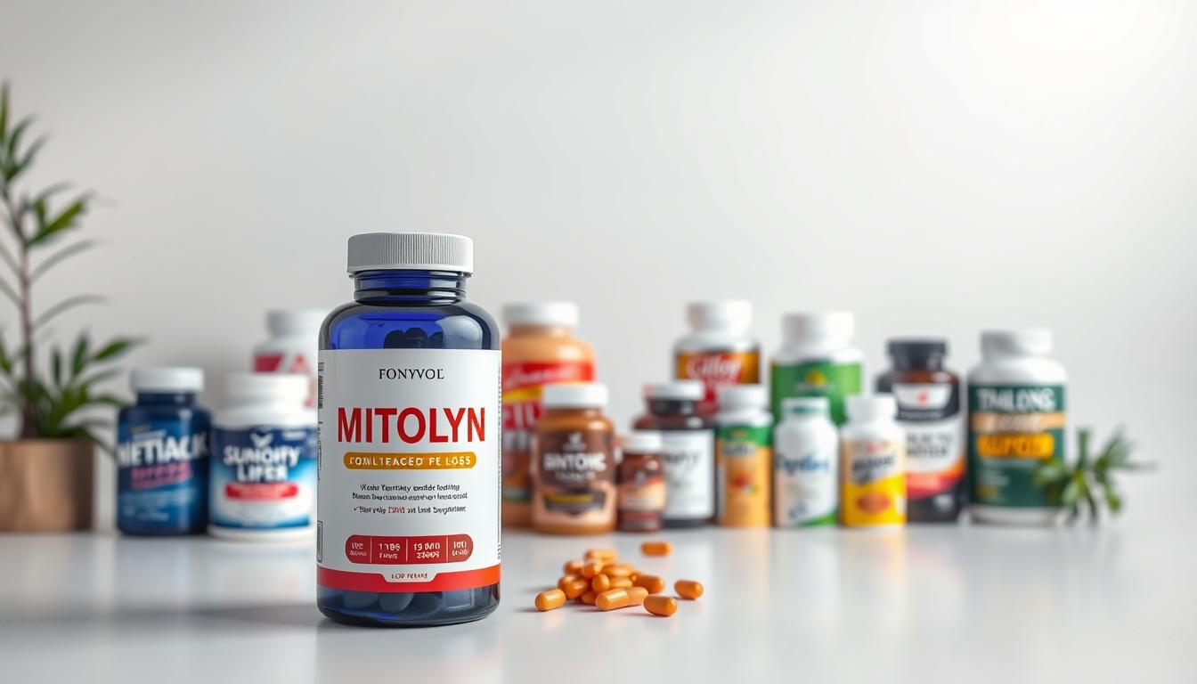 A detailed comparison of effective weight loss supplements showcased in a crisp, professional studio setting. The foreground features the MITOLYN supplement bottle prominently displayed, accentuated by strategic lighting and a clean, minimalist backdrop. The middle ground presents various competing weight loss products arrayed in an organized, visually appealing manner. The background subtly hints at a tranquil, nature-inspired ambiance, evoking a sense of wellness and vitality. The overall composition is sleek, informative, and optimized for maximum visual impact and SEO-friendliness.
