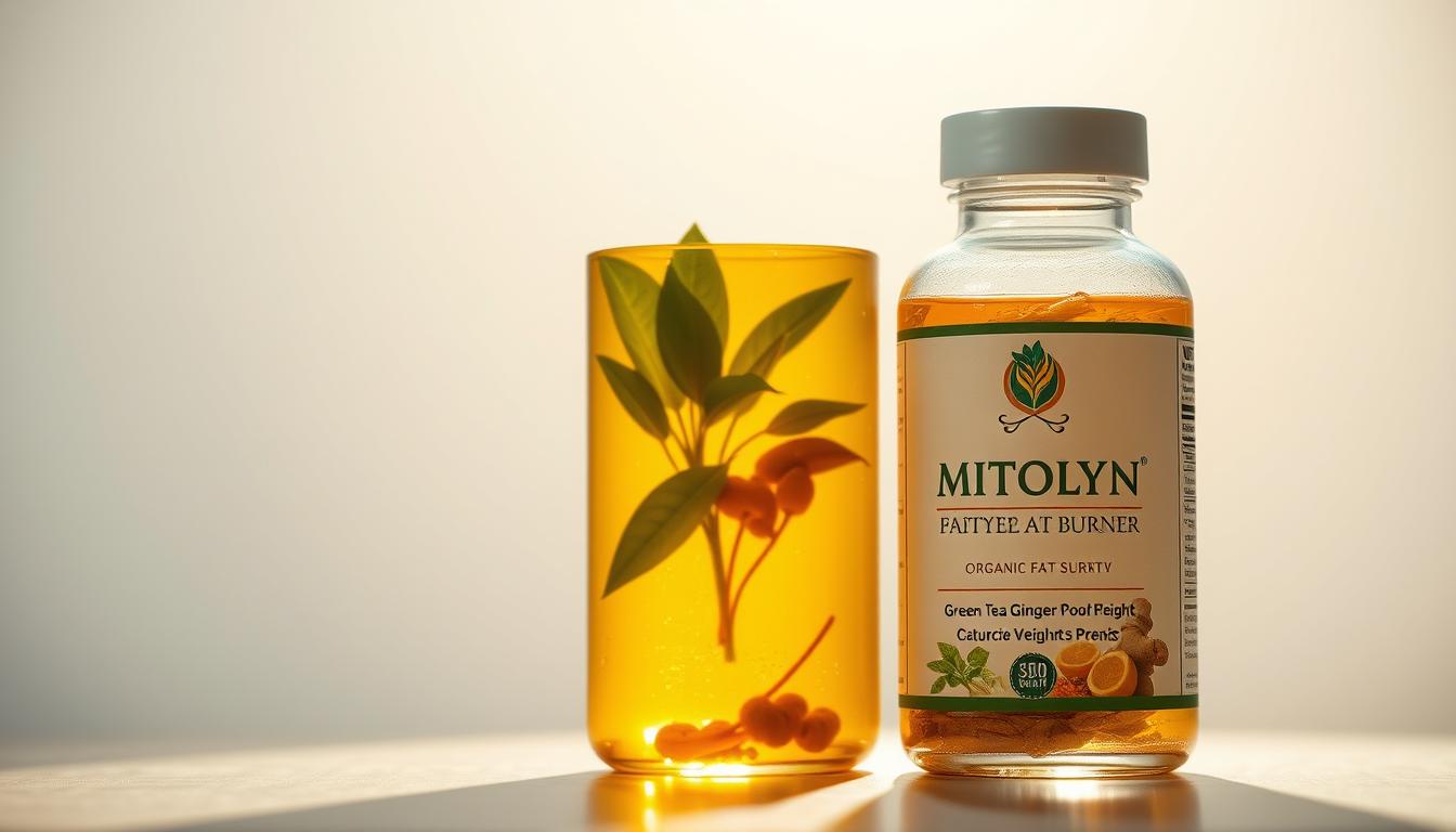 A visually striking depiction of an &quot;organic fat burner&quot; supplement, showcasing the MITOLYN brand. In the foreground, a transparent glass bottle filled with a vibrant, golden-hued liquid, casting a warm, natural glow. Suspended within the liquid, a cluster of organic ingredients such as green tea leaves, ginger root, and cayenne pepper, signifying the product's natural and potent composition. The middle ground features a minimalist, elegant label design with the MITOLYN logo prominently displayed, conveying a sense of premium quality and efficacy. The background is a soft, diffused light, highlighting the bottle's premium appearance and the supplement's potential to boost metabolism and aid natural weight loss. The overall scene exudes a sense of purity, vitality, and scientific credibility to optimize the article's SEO and clickbait appeal.