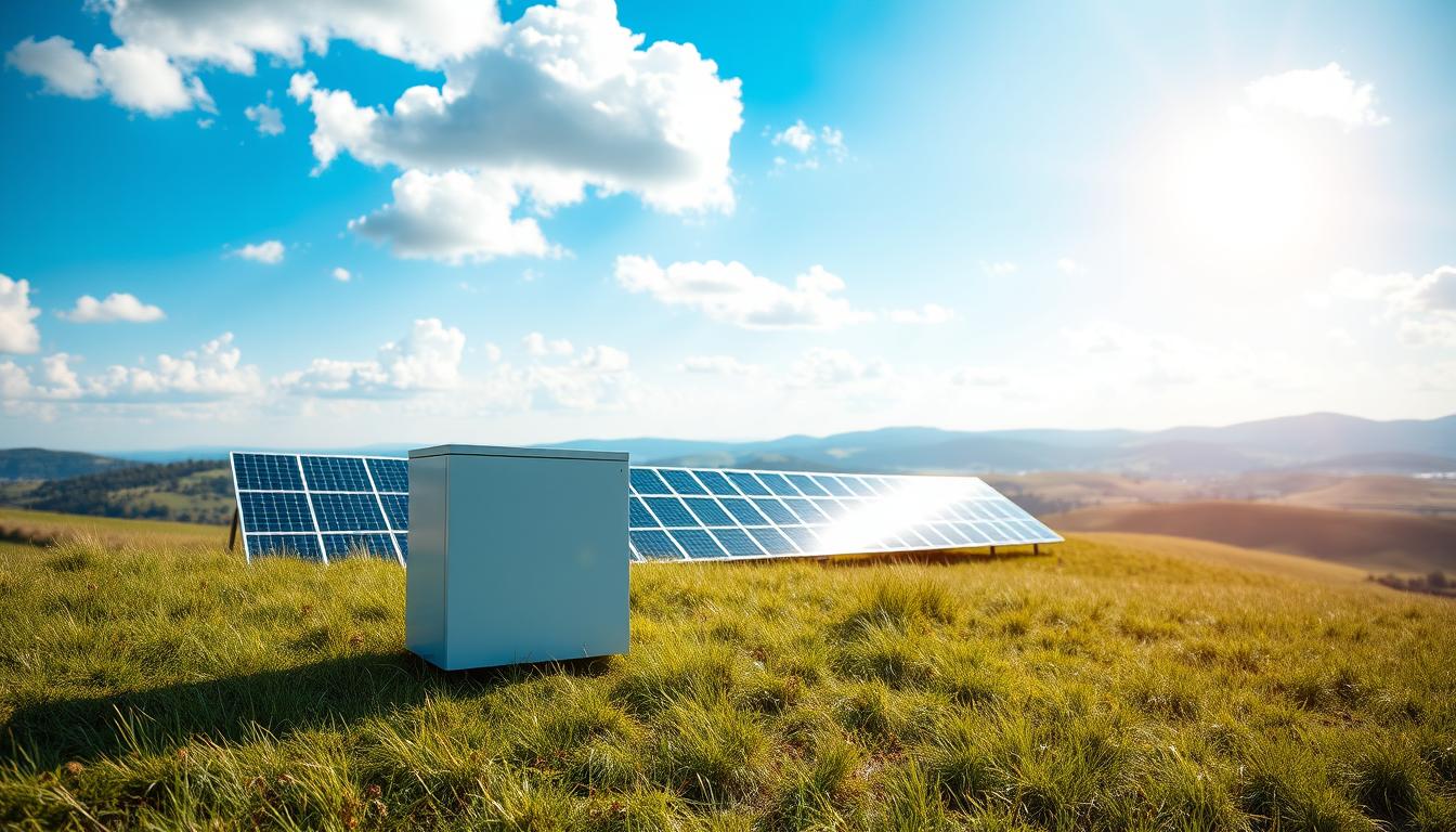 A modern solar battery system set against a bright blue sky, sunlight streaming through white clouds. In the foreground, a sleek battery bank stands on a grassy hill, its clean, minimalist design complementing the natural landscape. In the middle ground, solar panels tilt towards the sun, their glossy surfaces reflecting the daylight. The background features rolling hills and a distant horizon, creating a sense of scale and depth. The lighting is soft and natural, with shadows cast gently across the scene. The overall atmosphere conveys the efficiency, sustainability, and visual appeal of a well-designed solar battery storage solution.