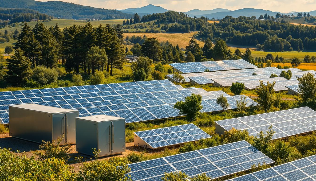 A sprawling solar power storage facility nestled in a lush, verdant landscape. In the foreground, sleek, modern battery banks in shades of silver and blue stand as sentinels, their surfaces gleaming under warm, diffused sunlight. In the middle ground, an array of solar panels angles towards the sky, their glossy surfaces reflecting the sun's rays. Towering trees and rolling hills form the backdrop, creating a harmonious balance of natural and technological elements. The scene exudes a sense of clean, renewable energy, with a calming, serene atmosphere that invites contemplation of sustainable power solutions.