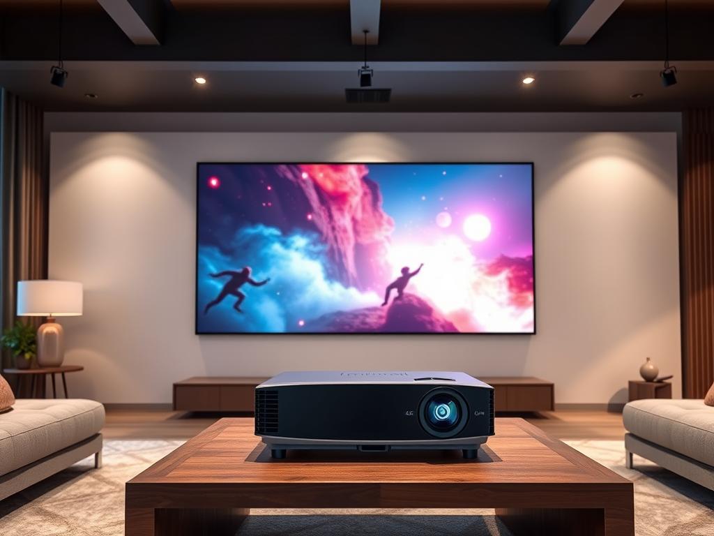 Projetor LG CineBeam 4K HU70LA.AWZ projetando imagem em sala de estar