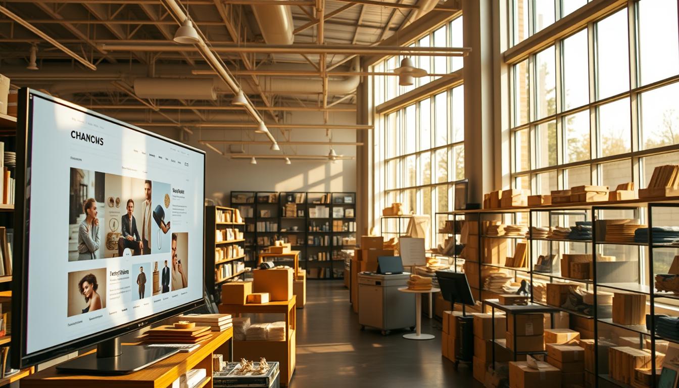 Prompt A bustling e-commerce online store, bathed in warm natural lighting from large windows. The foreground features a sleek, minimalist web interface with clean typography and product imagery. In the middle ground, shelves and displays showcase a variety of curated merchandise, while backend operations like shipping and inventory management are visible in the background. The overall atmosphere conveys a sense of efficiency, professionalism, and customer-focused design, suitable for an article on profitable side hustles in the e-commerce and dropshipping space.
