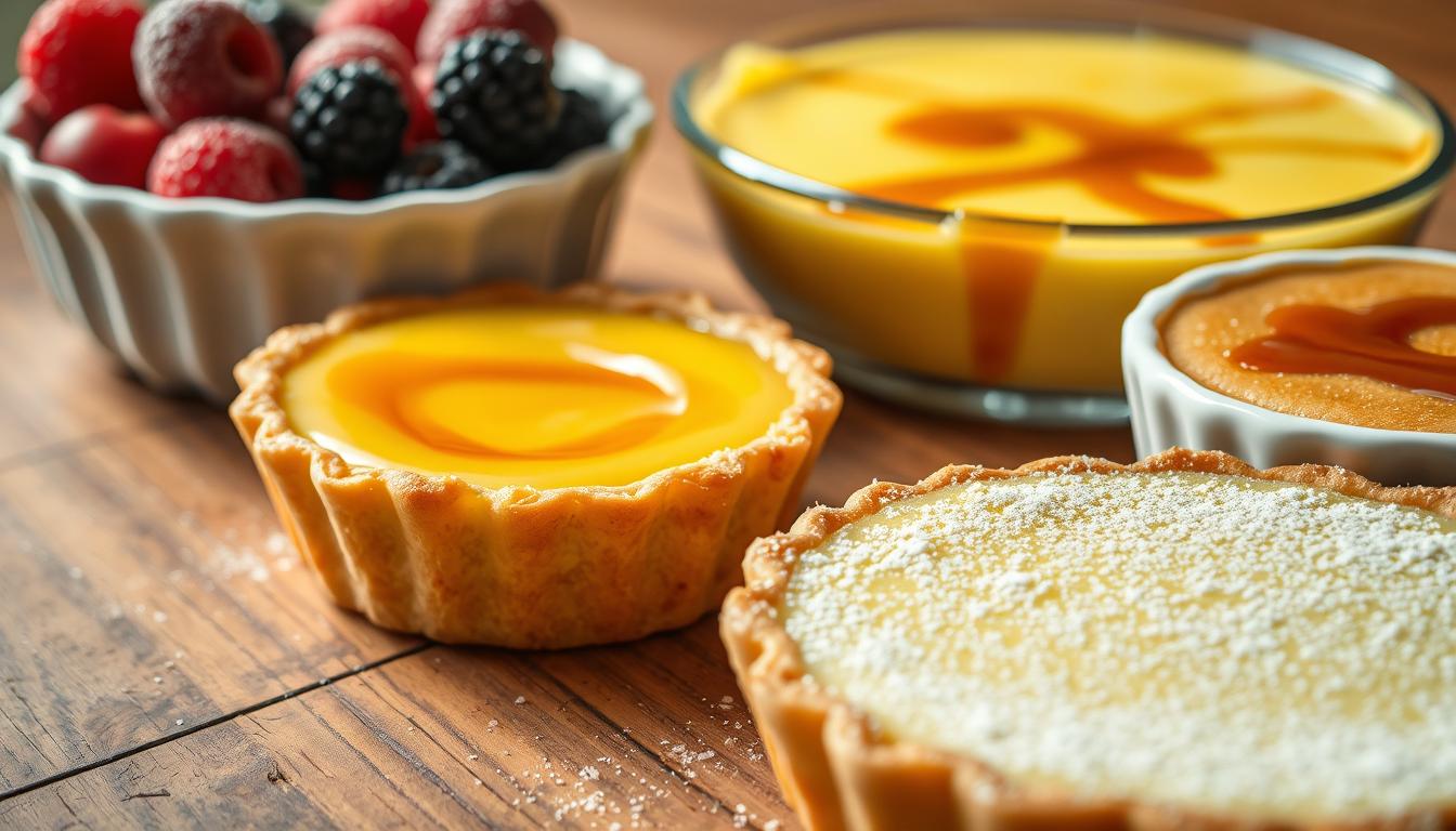 A delectable close-up of several homemade custard desserts, artfully arranged on a wooden table. In the foreground, a creamy, golden custard tart with a buttery, flaky crust. Behind it, a bowl of rich, silky custard, topped with fresh berries and a dusting of powdered sugar. In the middle ground, a serving of traditional English custard pudding, its glistening surface adorned with a drizzle of caramel sauce. The lighting is soft and natural, casting a warm, inviting glow over the scene. The overall mood is one of rustic elegance, enticing the viewer to indulge in these quick and comforting custard-based treats.