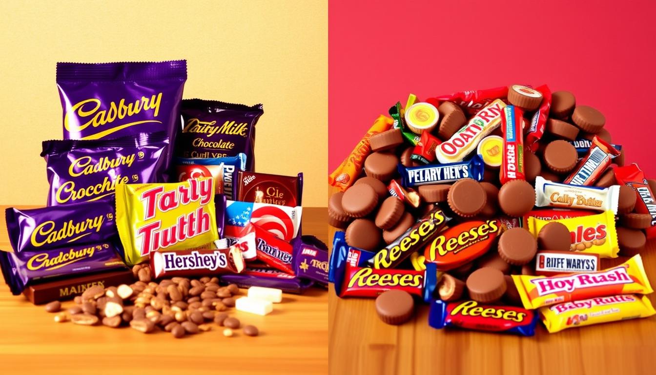 A visually striking side-by-side comparison of classic British and American confections from the 1980s. In the foreground, an array of iconic British sweets - Cadbury Dairy Milk, Flake, Crunchie, and Curly Wurly bars - arranged neatly against a wooden tabletop. In the middle ground, a similar display of American candies such as Hershey's Chocolate, Reese's Peanut Butter Cups, and Baby Ruth. The backgrounds contrast - the British candies have a warm, slightly nostalgic lighting, while the American treats are illuminated by a brighter, more modern glow. The overall scene conveys a sense of friendly rivalry and cultural differences between these beloved confections.