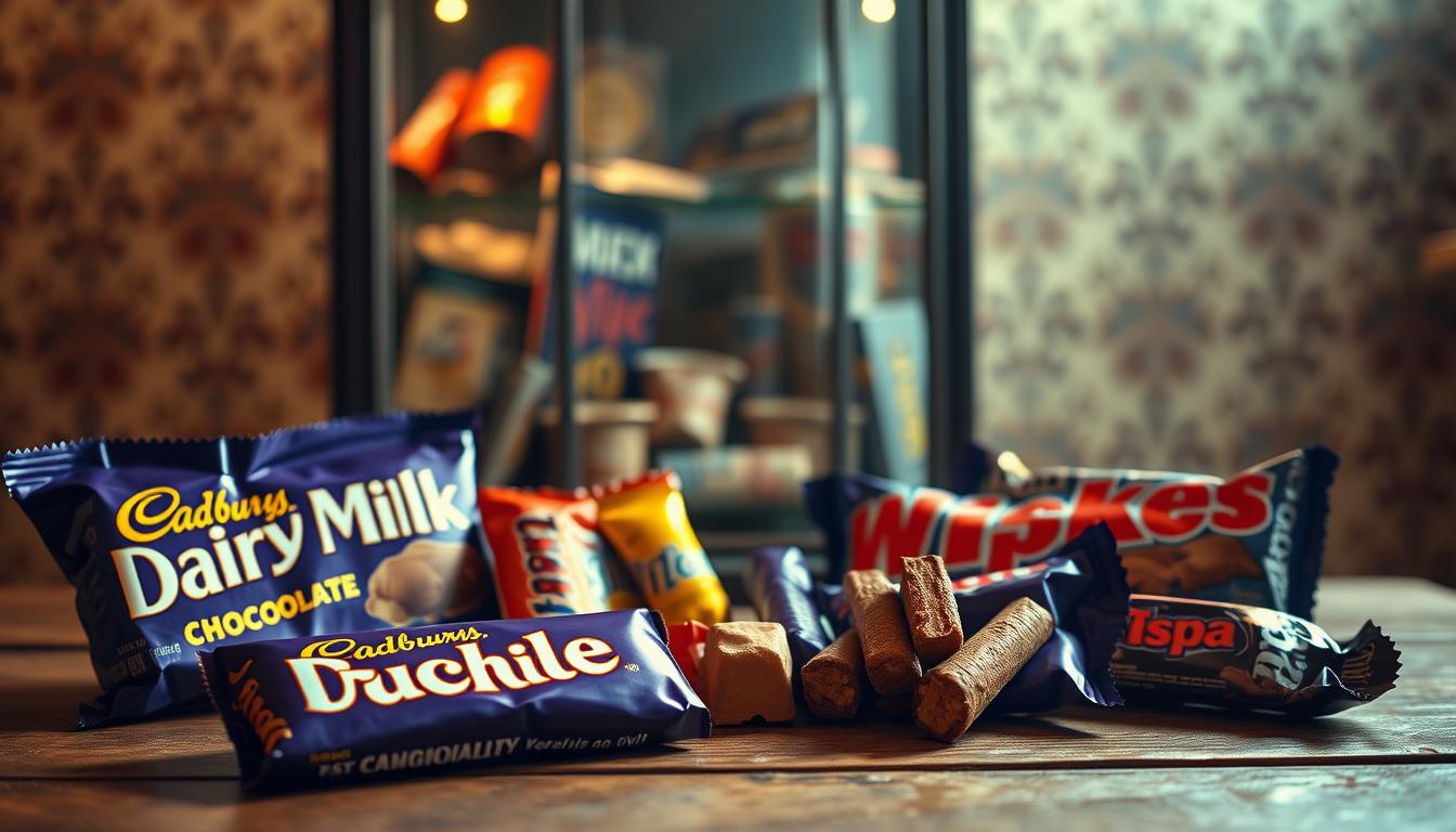 A vintage arrangement of classic British chocolate bars from the 80s, bathed in warm, nostalgic lighting. In the foreground, a selection of beloved treats - Cadbury's Dairy Milk, Crunchie, Flake, and Wispa - arranged artfully on a worn wooden surface. In the middle ground, a retro-style glass display cabinet showcases more chocolatey goodness, the glass slightly fogged to evoke a sense of timelessness. The background is hazy, with a subtle pattern of faded wallpaper or vintage packaging providing a subtle nod to the era. The overall mood is one of comforting nostalgia, inviting the viewer to reminisce about the chocolate treasures that defined the decade.