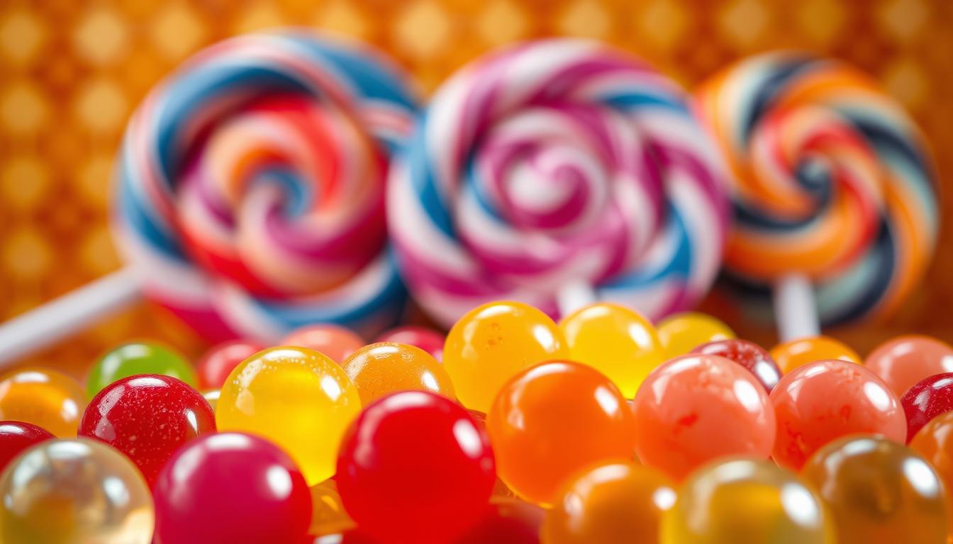 A close-up shot of an assortment of classic, retro-styled hard candies and lollipops against a warm, nostalgic background. In the foreground, vibrant, translucent spheres of fruit-flavored hard candies in various colors, including cherry red, lemon yellow, and lime green, glimmering under a soft, diffused light. In the middle ground, large, swirled lollipops in bold, saturated hues of blue, purple, and orange, their glossy surfaces catching the light. In the background, a blurred, vintage-inspired pattern or texture, evoking the feel of a classic British sweet shop from the 1980s. The overall mood is one of warmth, whimsy, and nostalgia, inviting the viewer to reminisce about the timeless pleasures of old-fashioned hard candies and lollipops.