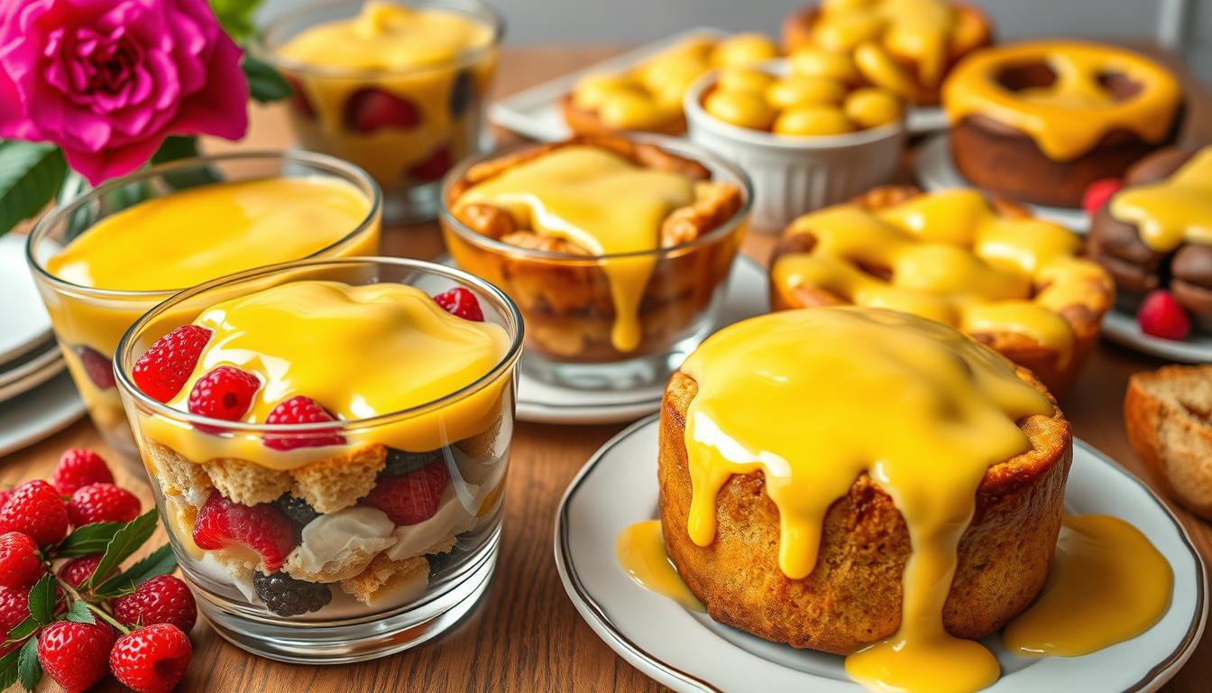 A lush, vibrant table setting showcasing a variety of easy British desserts, each elegantly topped with a silky, golden custard. In the foreground, a trifle layered with sponge cake, fresh berries, and glistening custard. Alongside, a classic bread and butter pudding, its edges lightly browned, drizzled with the rich, creamy sauce. In the middle ground, a steaming, just-baked spotted dick, its suet crust glistening, ready to be served with a generous pour of the decadent custard. The background features a neatly arranged selection of other traditional British treats, such as sherry trifle, jam roly-poly, and sticky toffee pudding, all united by the unifying element of the luxurious custard topping. Soft, even lighting illuminates the scene, highlighting the inviting textures and mouth-watering appeal of these simple yet sublime British desserts.